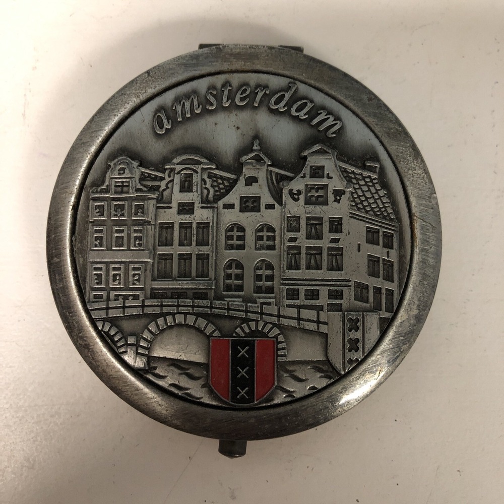 Vtg‎ Silver Amsterdam Collectible Compact Mirror Purse Handbag Architecture
